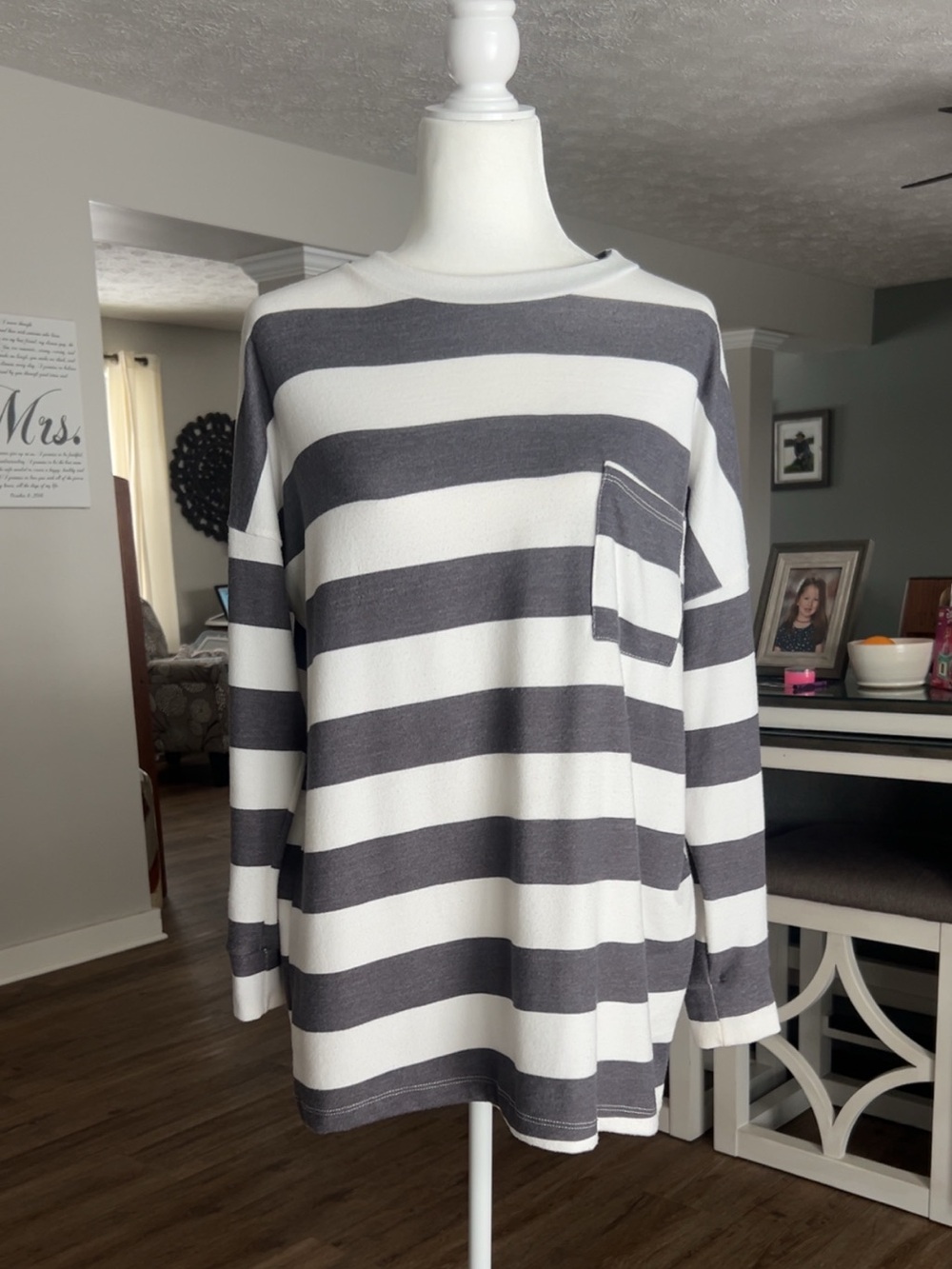 Reborn J Gray & White Striped Long-Sleeve Pocket Tee